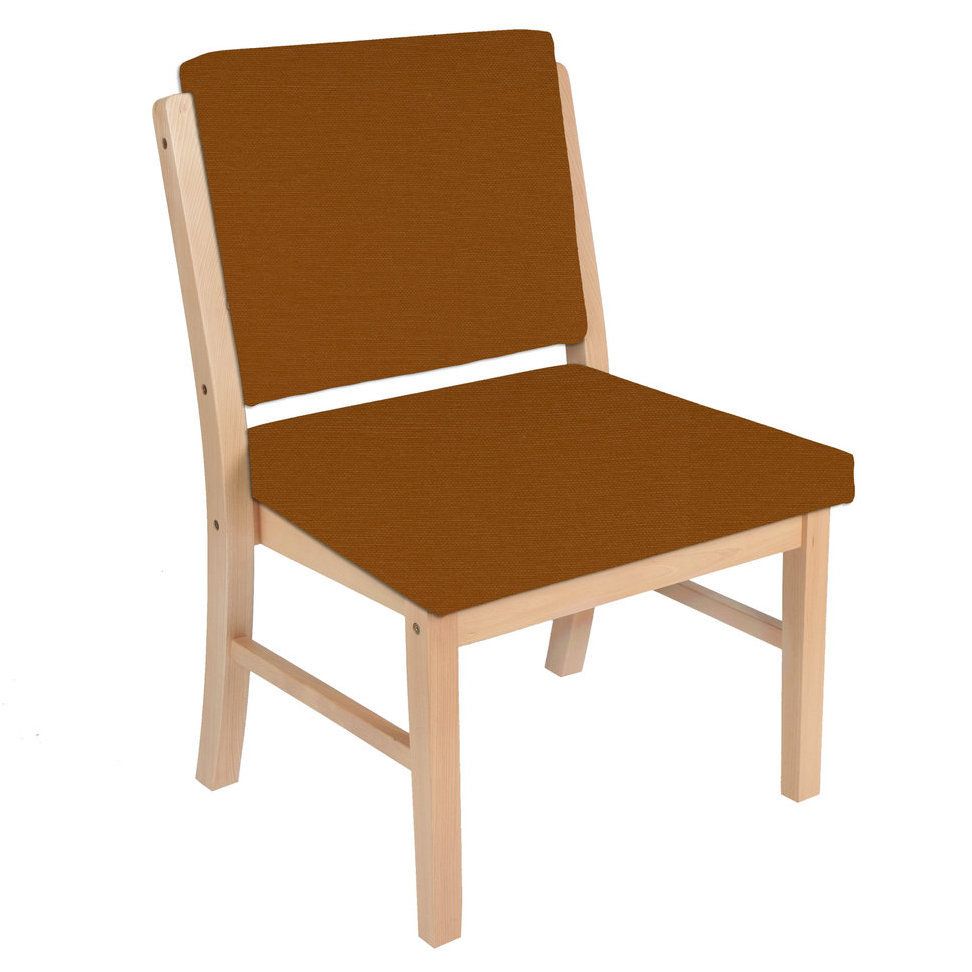 Stuhl mit Holzrahmen und braunem Sitz und Rücken. Einfaches Design.