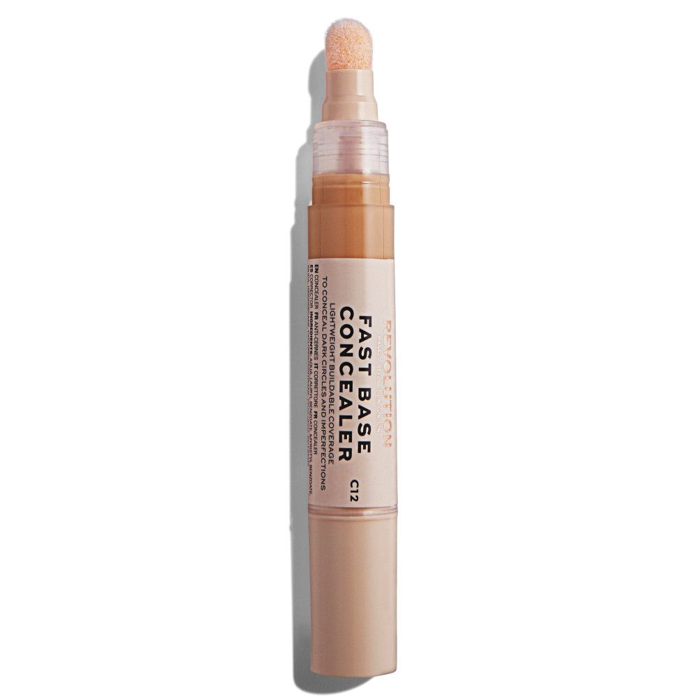 Concealer-Stift mit Applikator. Aufschrift: Fast Base Concealer. Farbton C12. Transparente Kappe, beiger Behälter.