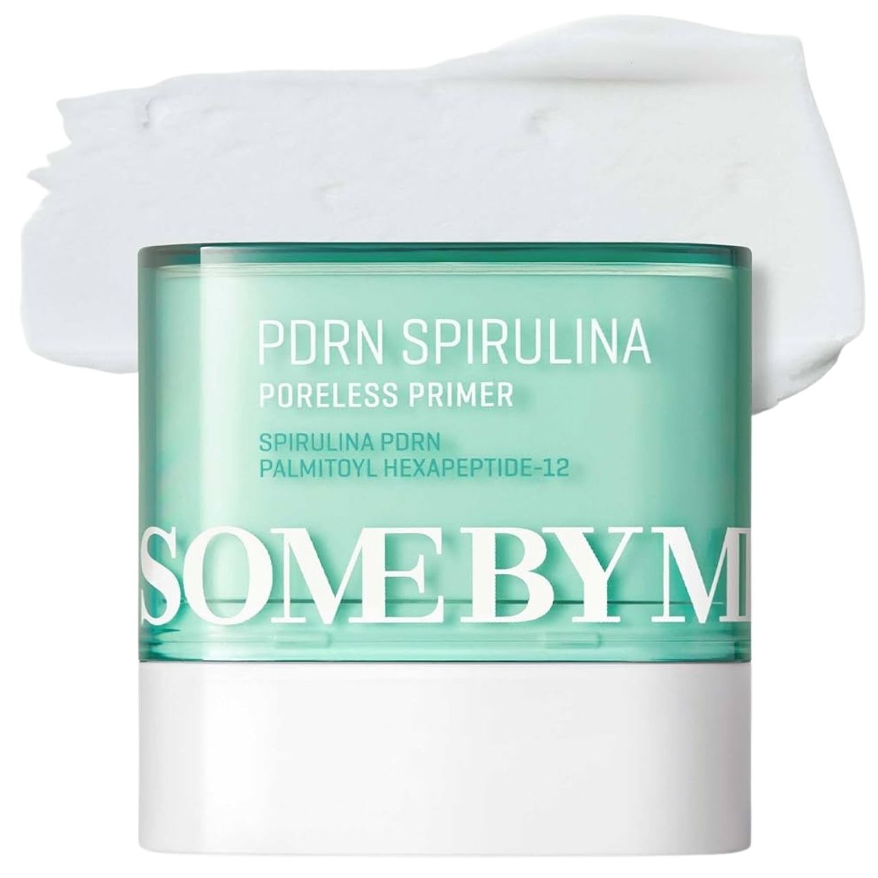 SOME BY MI PDRN Spirulina Poreless Primer in einem grünen Behälter mit weißem Deckel, daneben ein weißer Tupfer.