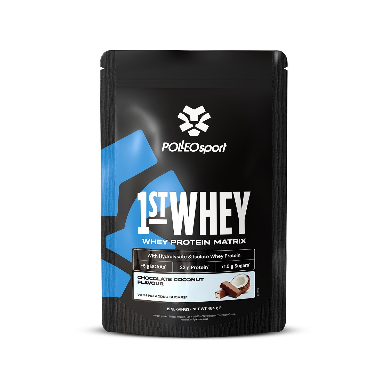 Schwarze Tüte mit PolleoSport-Logo und Aufschrift 1ST:WHEY. Schokoladen-Kokos-Geschmack. Enthält Whey Protein Matrix.