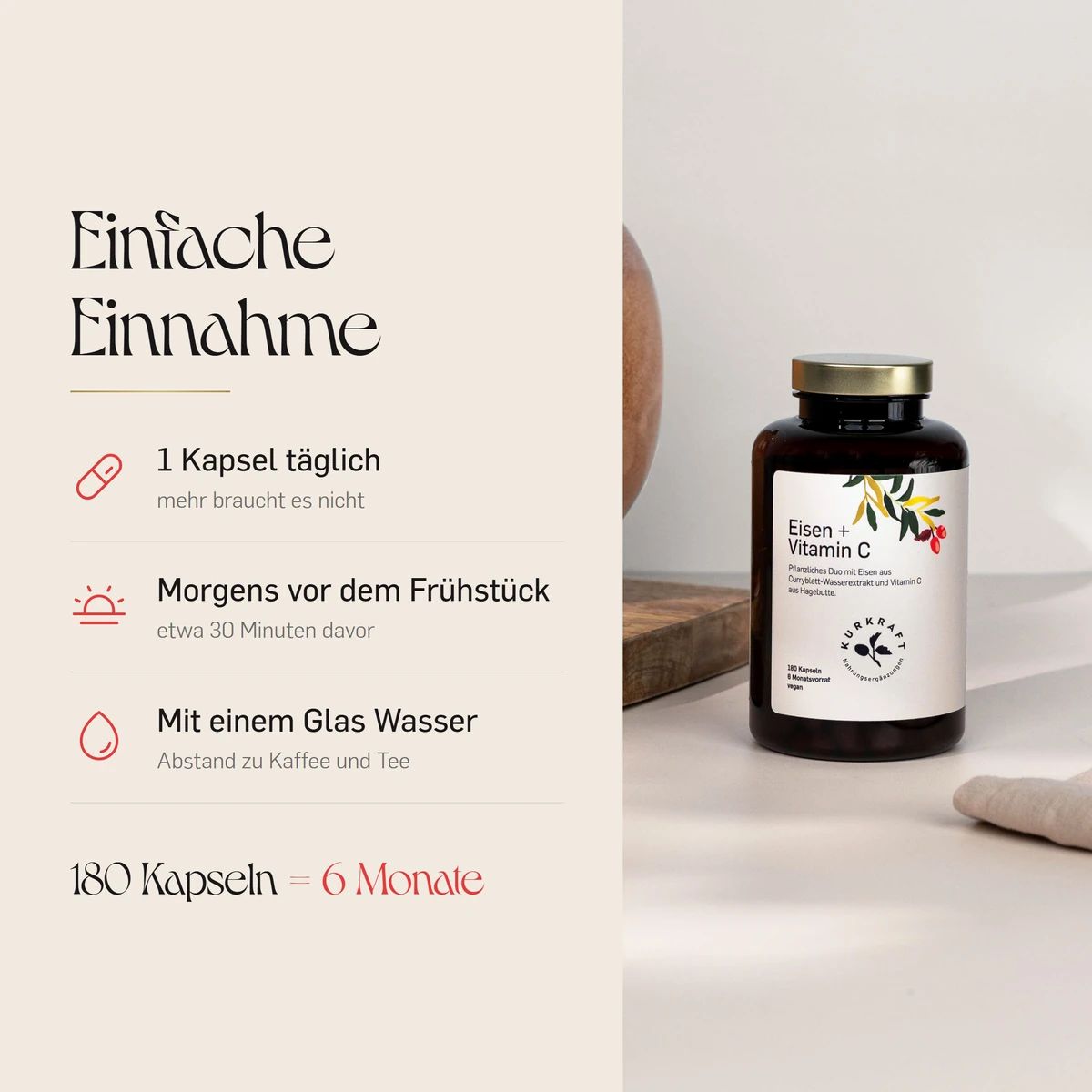 Flasche Kurkraft Eisen + Vitamin C Kapseln, daneben Anweisungen zur einfachen Einnahme.