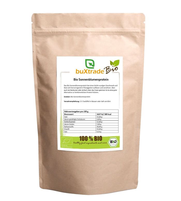 Beutel mit Bio Sonnenblumenprotein. Aufdruck mit Produktinformationen, Nährwertangaben und Bio-Siegel.