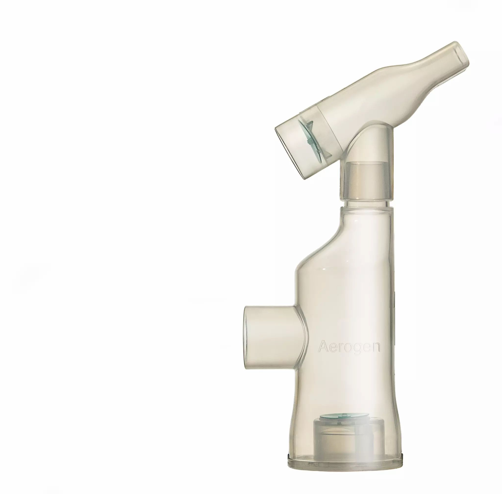 Transparente Inhalatorkammer mit Ventil und Mundstück.