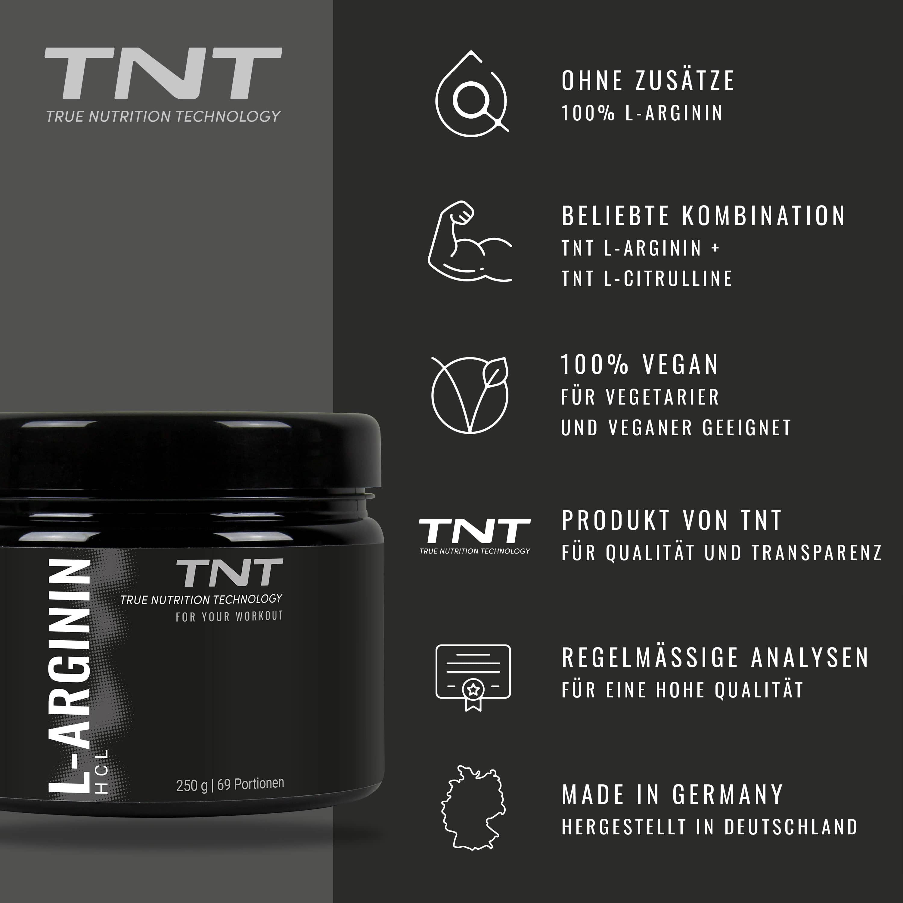 Produktinformationen. Text: Ohne Zusätze, 100% L-Arginin, vegan, Produkt von TNT, Made in Germany.