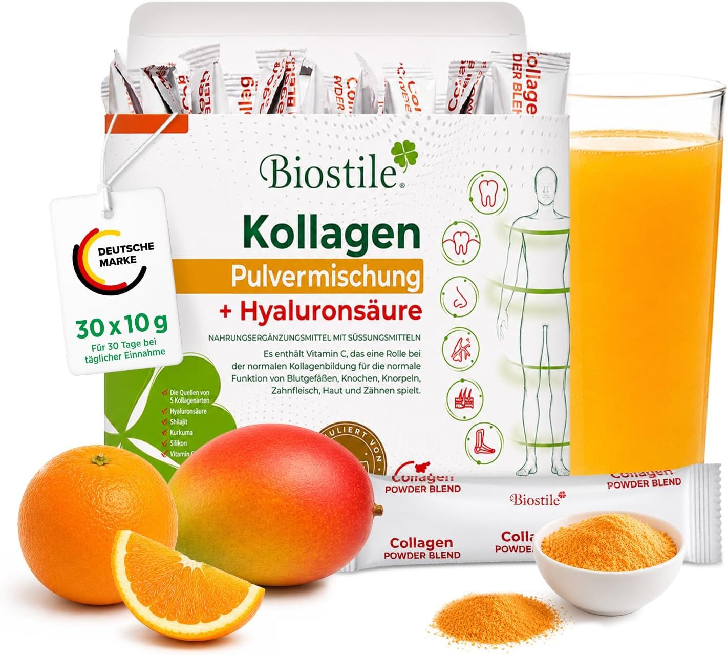 Packung Biostile Kollagen Pulvermischung + Hyaluronsäure, 30x10g. Orangen, Mango, Glas Saft, Pulver, Beutel.