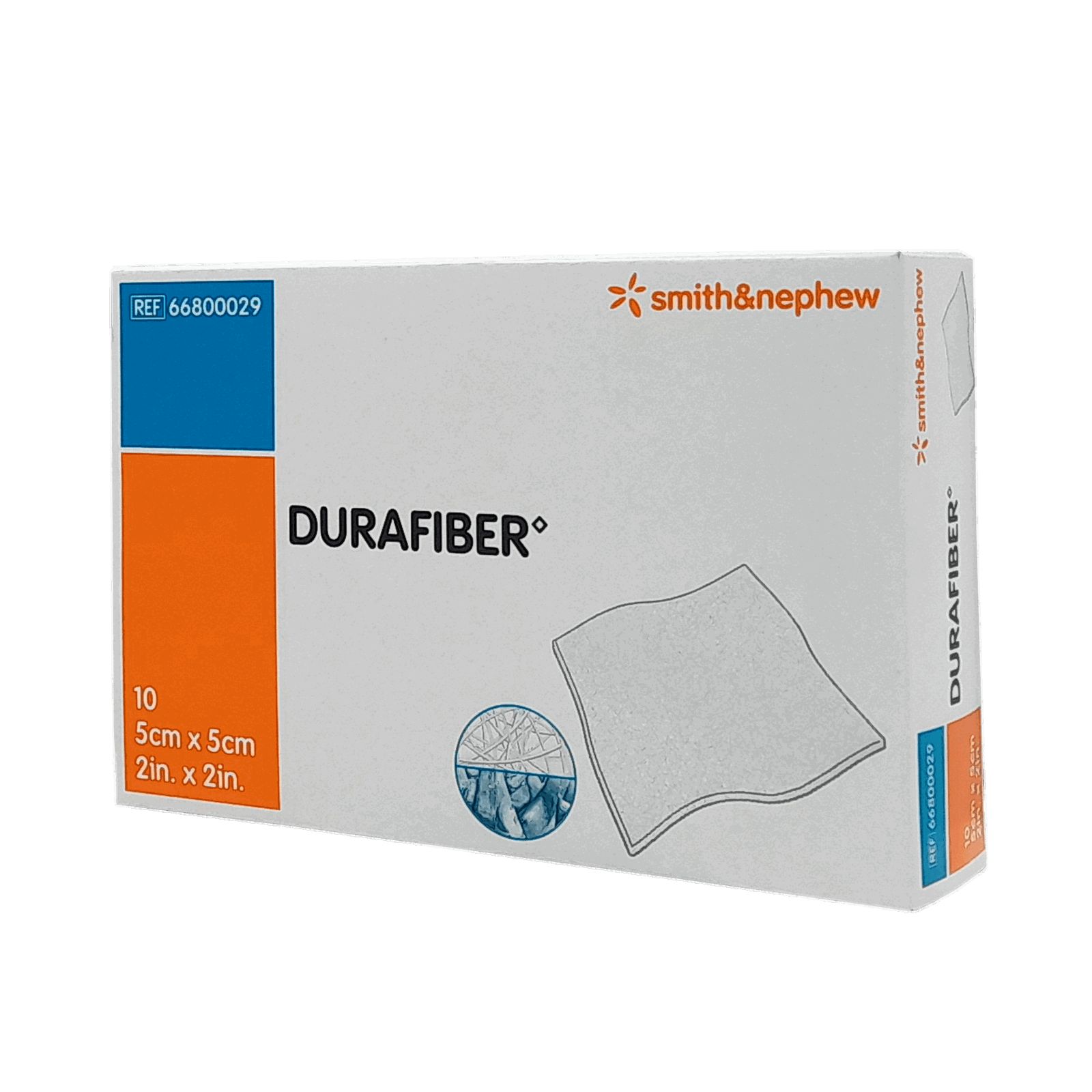 Verpackung DURAFIBER 5x5cm. Marke Smith & Nephew. Enthält 10 Stück. Quadratische Form, weißes Material. Mit Produktabbildung.