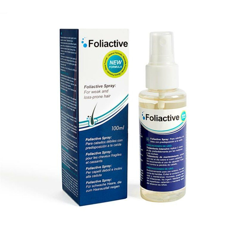 Foliactive Spray-Flasche und Verpackung. Flasche mit Sprühkopf, transparente Flüssigkeit. Verpackung mit Produktinformationen.