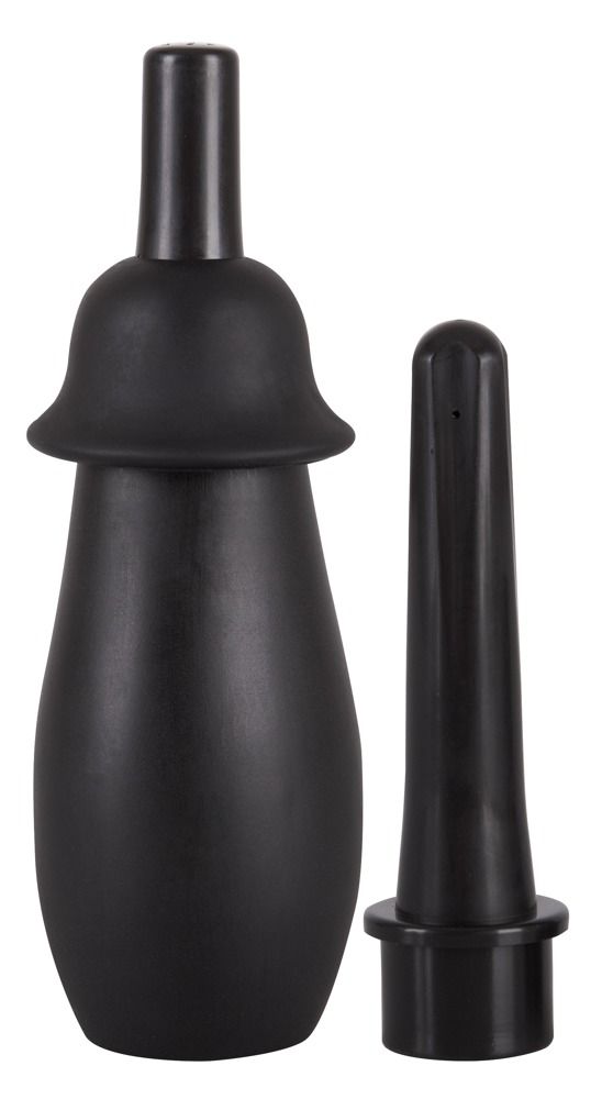 Zwei schwarze Komponenten: ein birnenförmiger Behälter und ein Aufsatz.