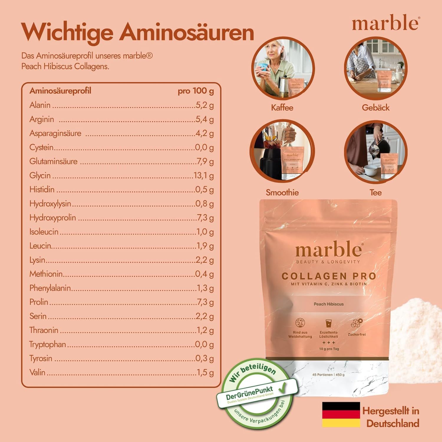 Marble® Collagen Pro Peach Hibiscus Beutel mit Aminosäureprofil und Anwendungsvorschlägen (Kaffee, Gebäck, Smoothie, Tee).
