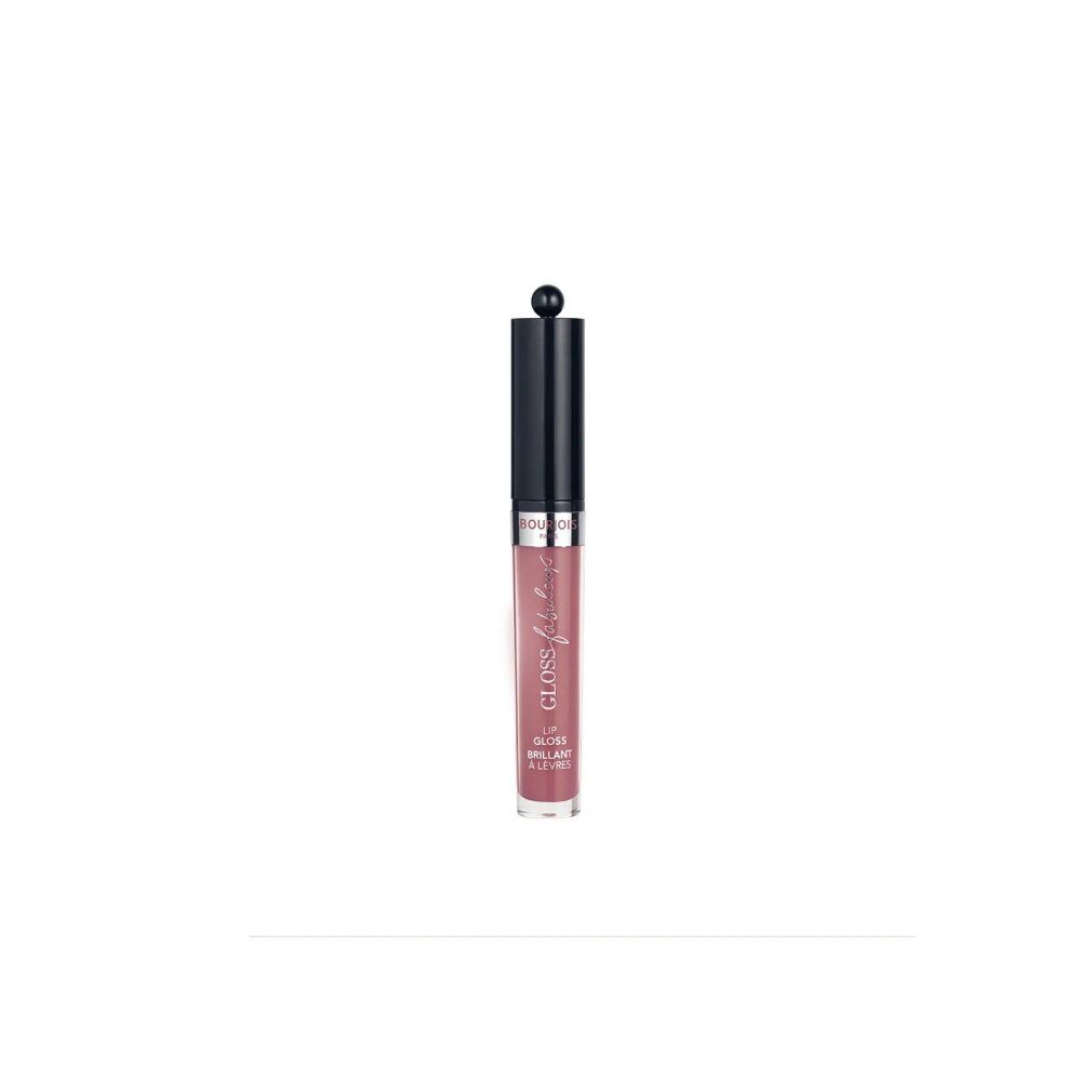 Bourjois Lipgloss. Rosa Farbton. Schwarzer Deckel mit Kugel. Schriftzug 'Gloss Fabuleux'.