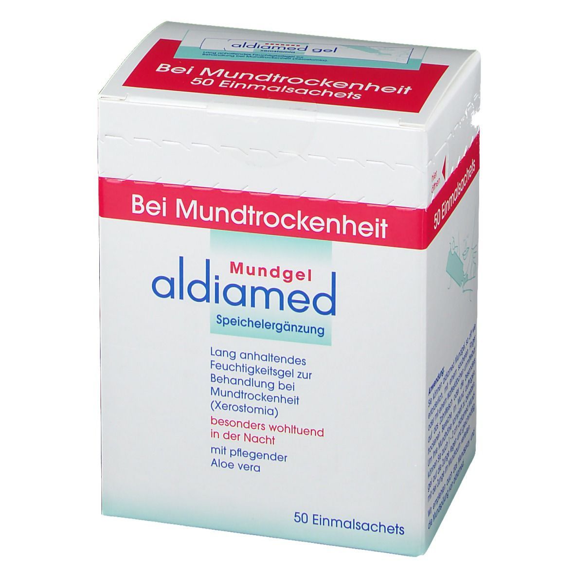 Weißer Karton mit roter Schrift. Aufschrift: aldiamed Mundgel Speichelergänzung. 50 Einmalsachets.