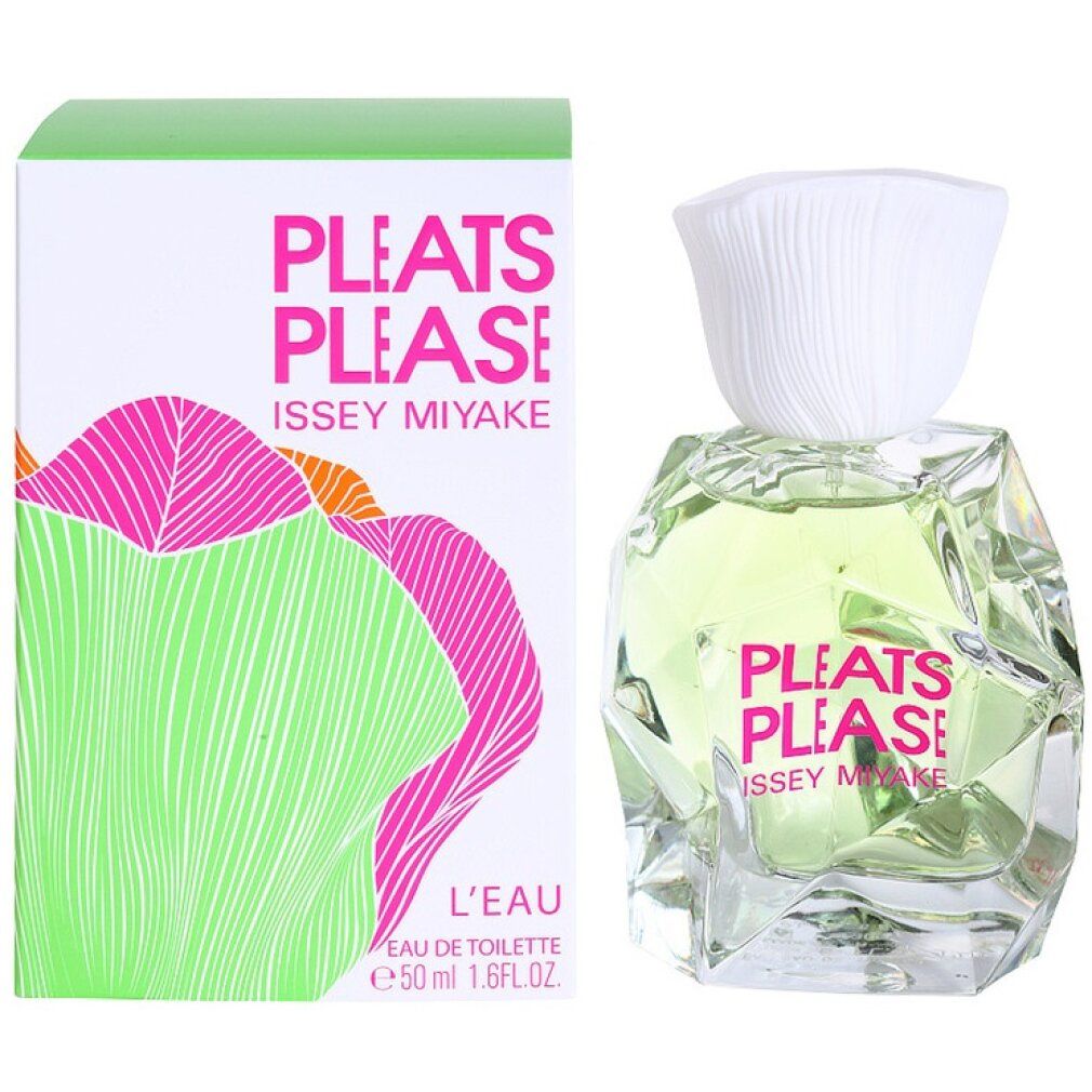 Flakon und Schachtel mit Aufschrift Pleats Please Issey Miyake. Grün-rosa Design. L'Eau Eau de Toilette.