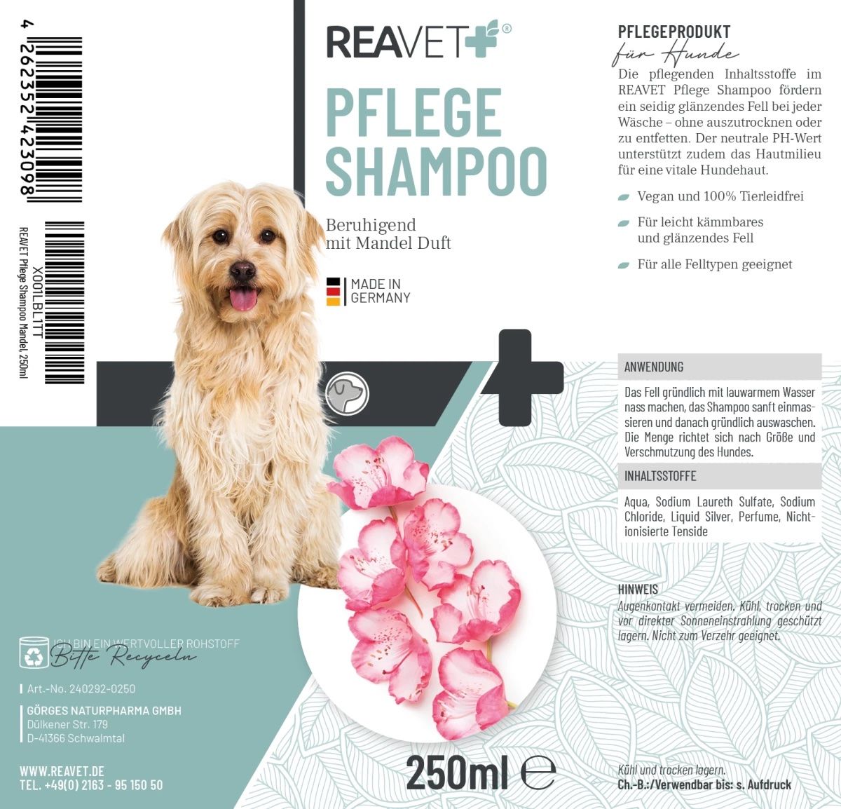 Etikett mit Text: REAVET Pflege Shampoo, Hund und rosa Blüten. Text: Beruhigend mit Mandel Duft. 250ml. Rückseite mit Inhaltsstoffen.