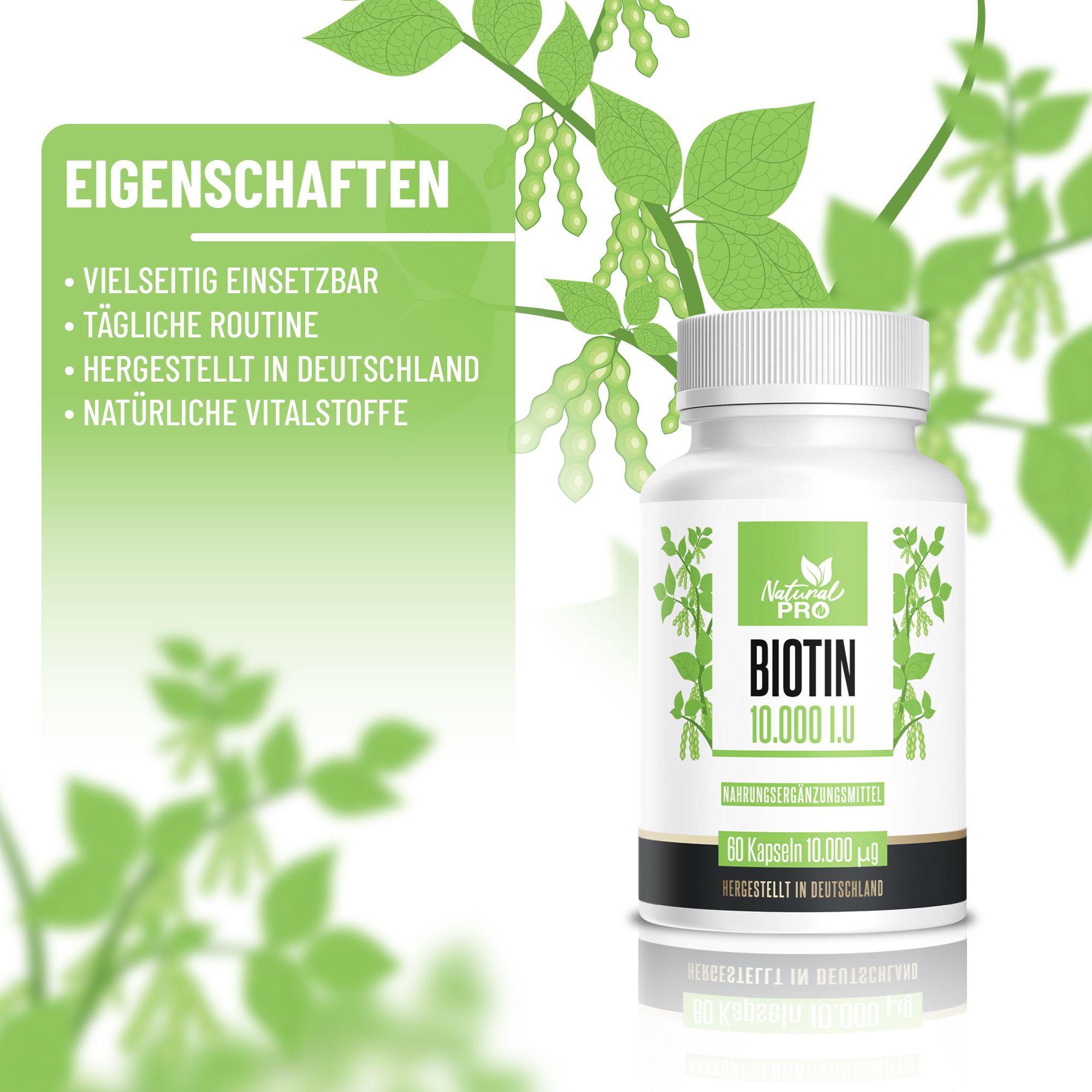 Weiße Flasche mit grünem Etikett. Aufschrift: "Natural Pro Biotin 10.000 I.U". Text daneben: "Eigenschaften".