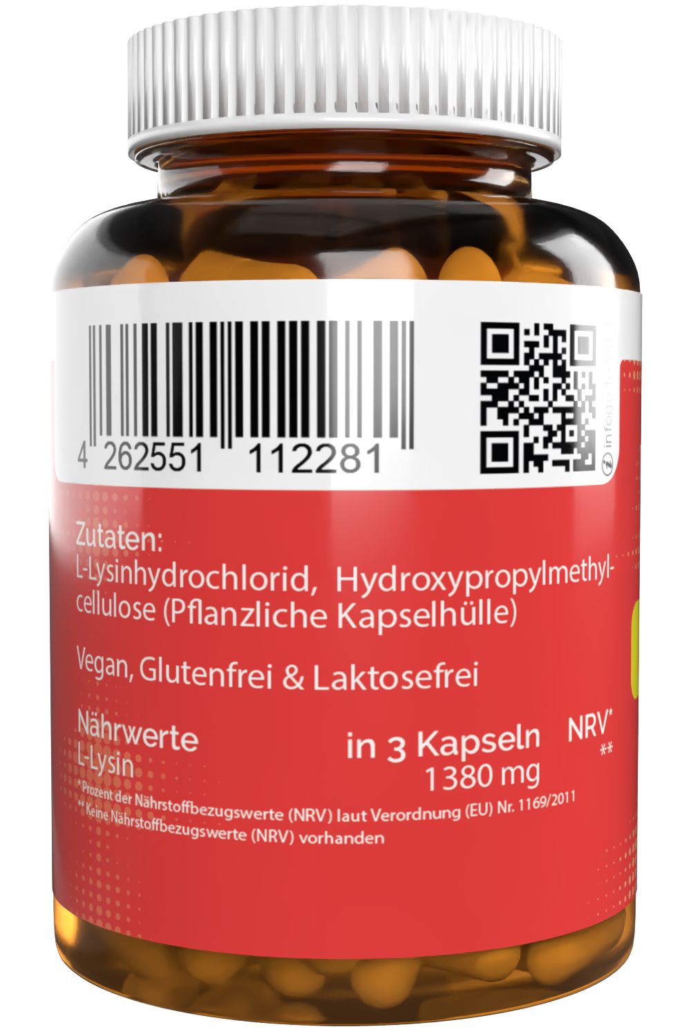 Rückseite einer Flasche mit braunen Kapseln. Rotes Etikett mit Barcode, QR-Code und Text über Inhaltsstoffe und Nährwerte.
