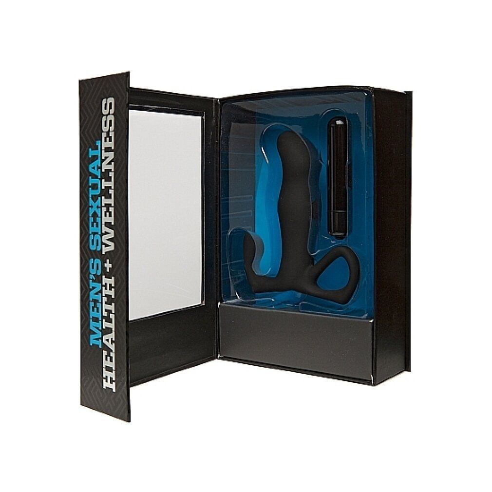 Geöffnete Verpackung mit schwarzem Sextoy. Enthält ein gebogenes Toy und einen Vibrator. Aufschrift: OptiMALE.