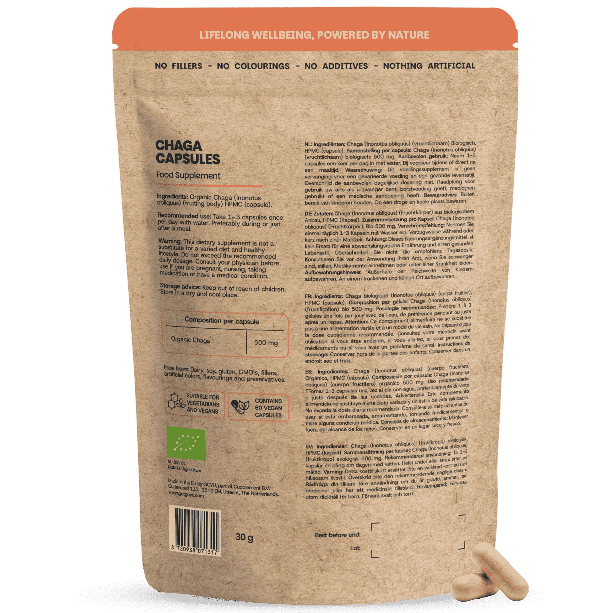Rückseite einer GOYU Chaga Kapseln Packung. Hinweise zu Inhaltsstoffen, Dosierung und Siegeln wie Bio und Vegan.