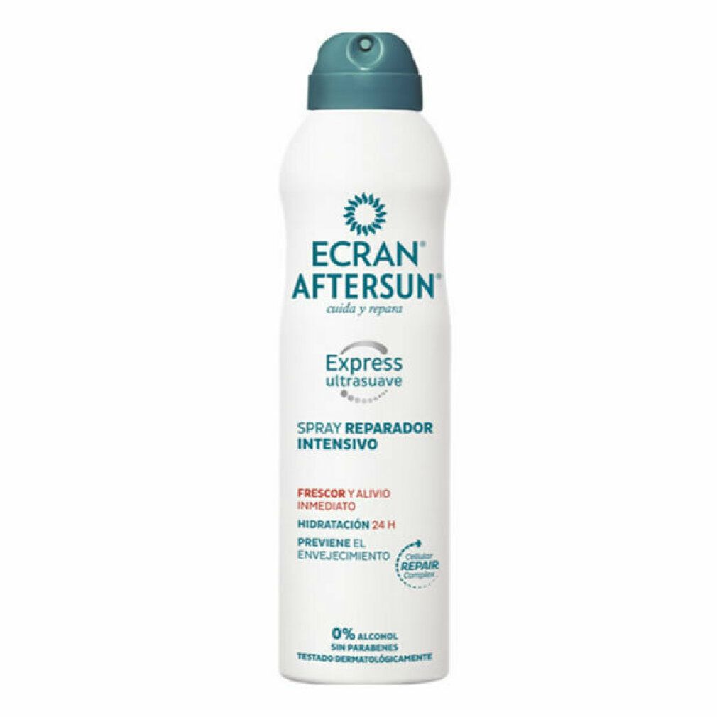 Weißes Spray mit grauem Sprühkopf. Aufschrift: ECRAN AFTERSUN, Express ultrasuave, Spray Reparador Intensivo. 0% Alkohol, ohne Parabene.