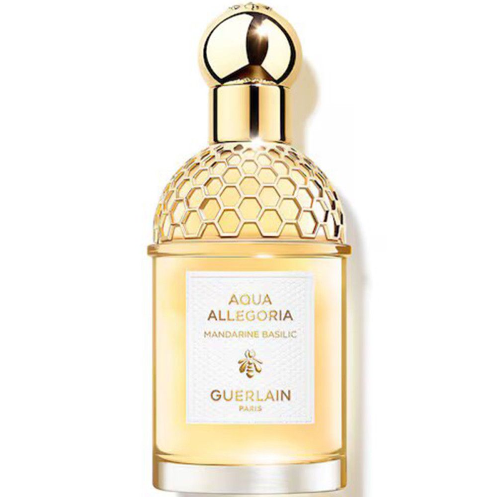 Parfümflakon. Aufschrift: Aqua Allegoria Mandarine Basilic, Guerlain Paris. Goldener Verschluss.