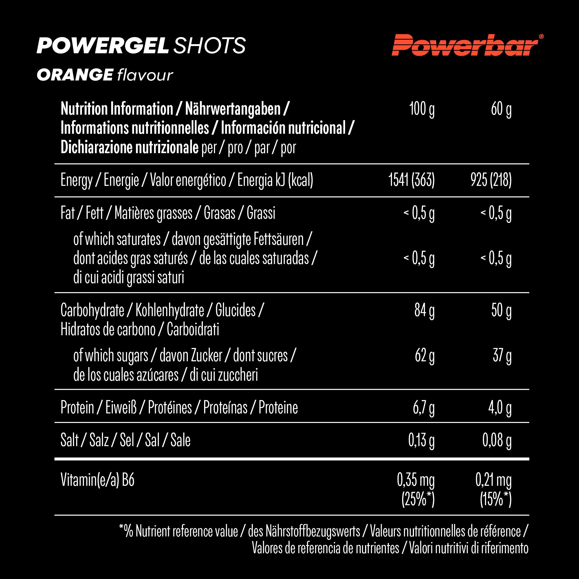 Nährwertangaben für Powerbar Powergel Shots Orange. Tabelle mit Informationen zu Energie, Fett, Kohlenhydraten, Zucker, Protein und Salz.