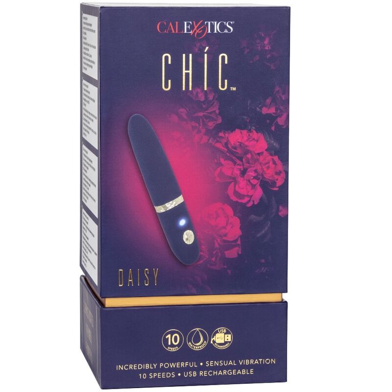 Verpackung für Calexotics Chic Daisy. Dunkelblau mit Rosenmotiv. Zeigt Vibrationsmassagegerät und Merkmale.