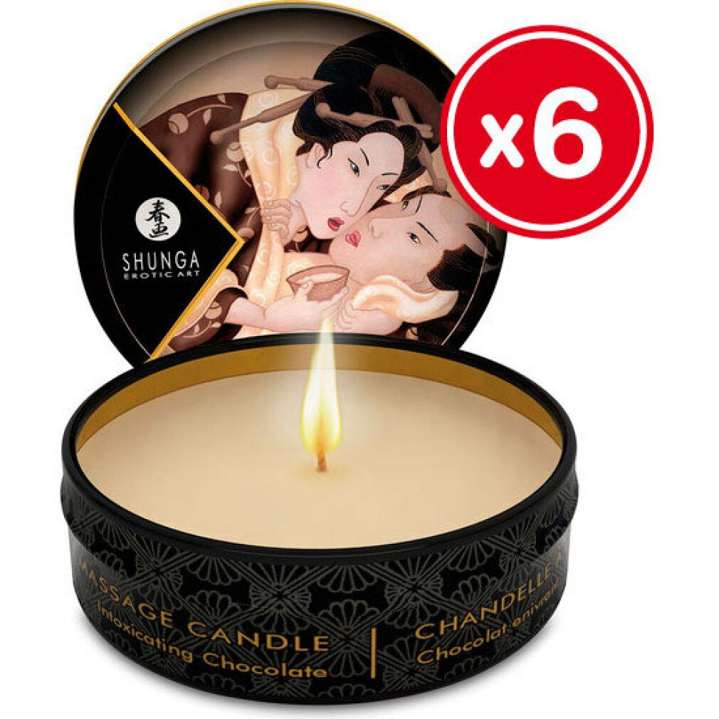 Shunga Massage Candle, Duft: Intoxicating Chocolate. Mit Flamme. Deckel mit erotischer Kunst und "x6"-Symbol.