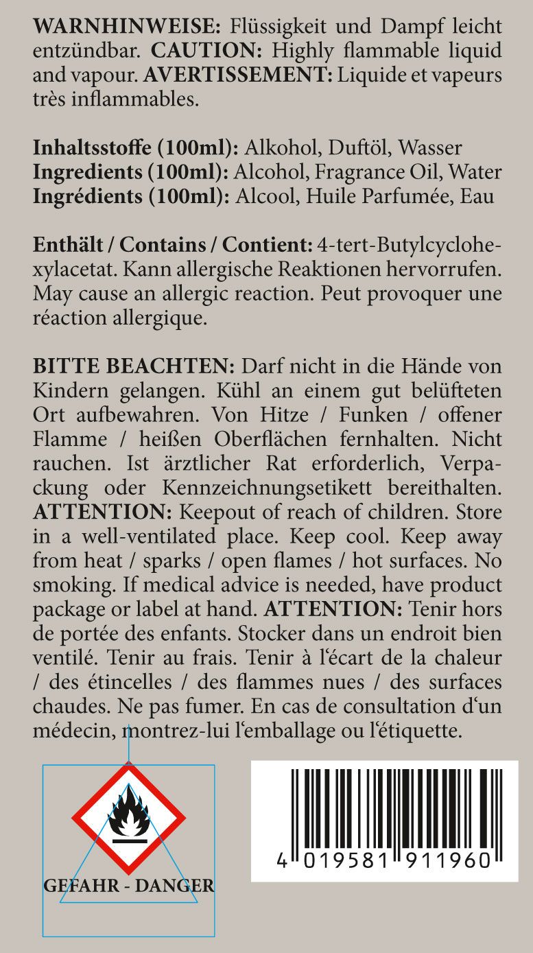 Text auf grauem Hintergrund. Warnhinweise, Inhaltsstoffe, Allergiehinweis. Gefahrensymbol. Barcode.