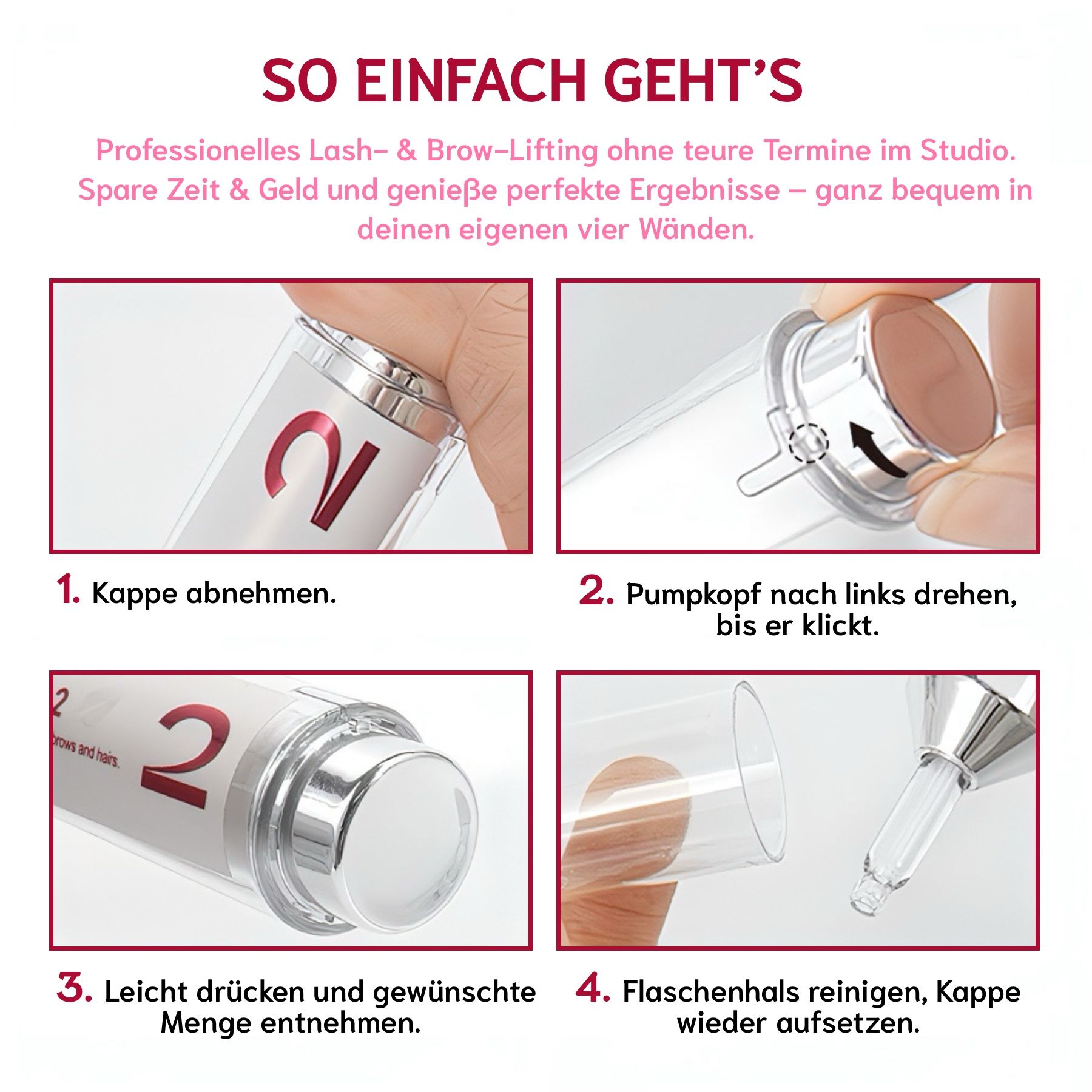 Anleitung zur Anwendung. 4 Schritte mit Text und Bildern. Flasche mit Text: Step 2, Iconsign.