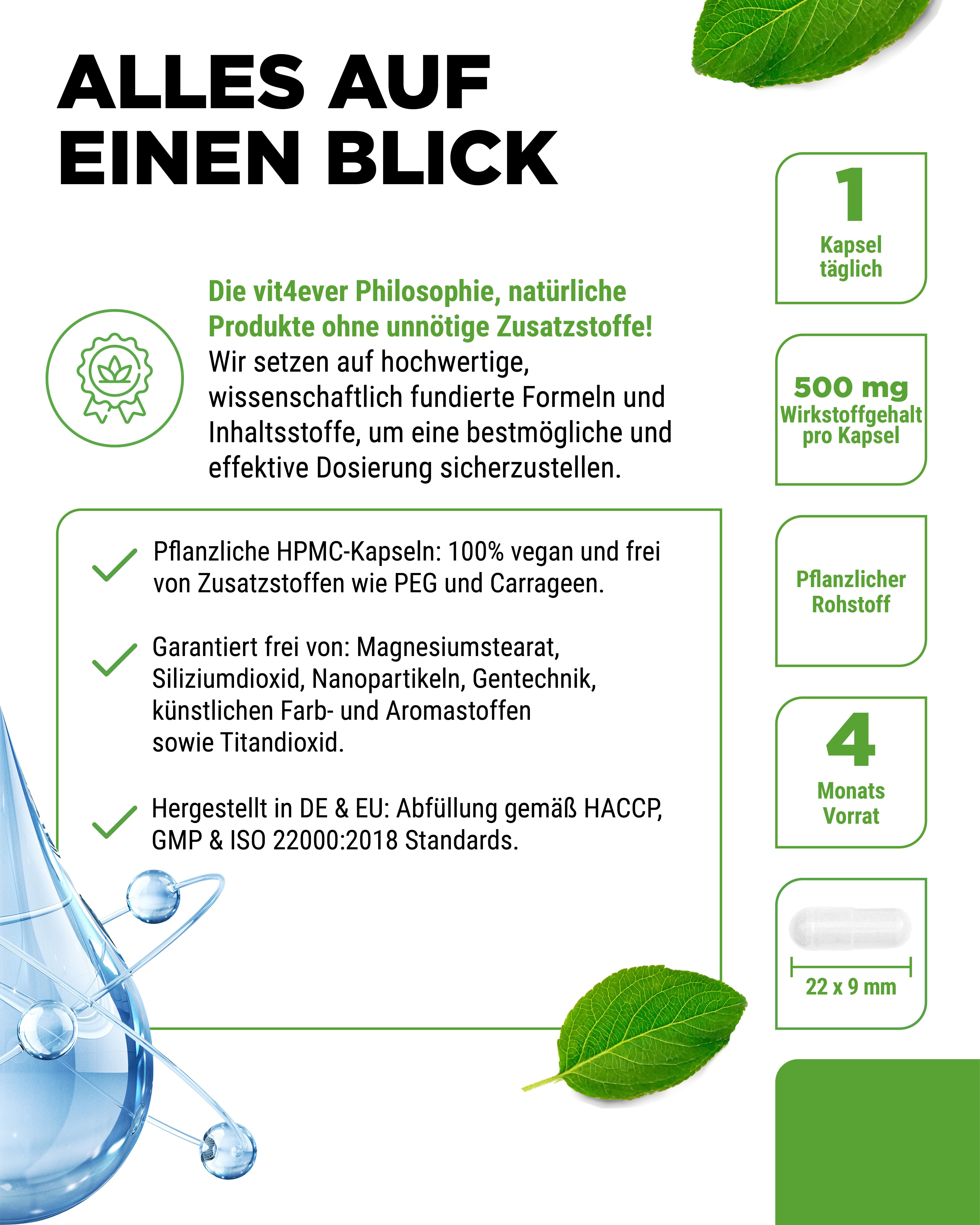 Text mit Informationen über das Produkt. Enthält Informationen über die Inhaltsstoffe und die Herstellung. Kapsel-Abbildung mit Maßen.