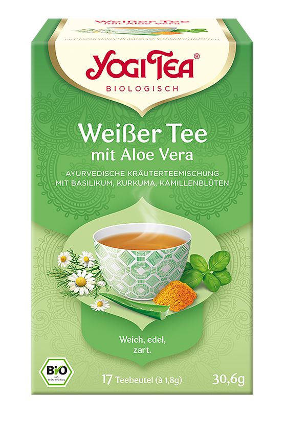 Grüne Verpackung von Yogi Tea. Aufschrift: Weißer Tee mit Aloe Vera. Enthält 17 Teebeutel. Bio-Siegel.