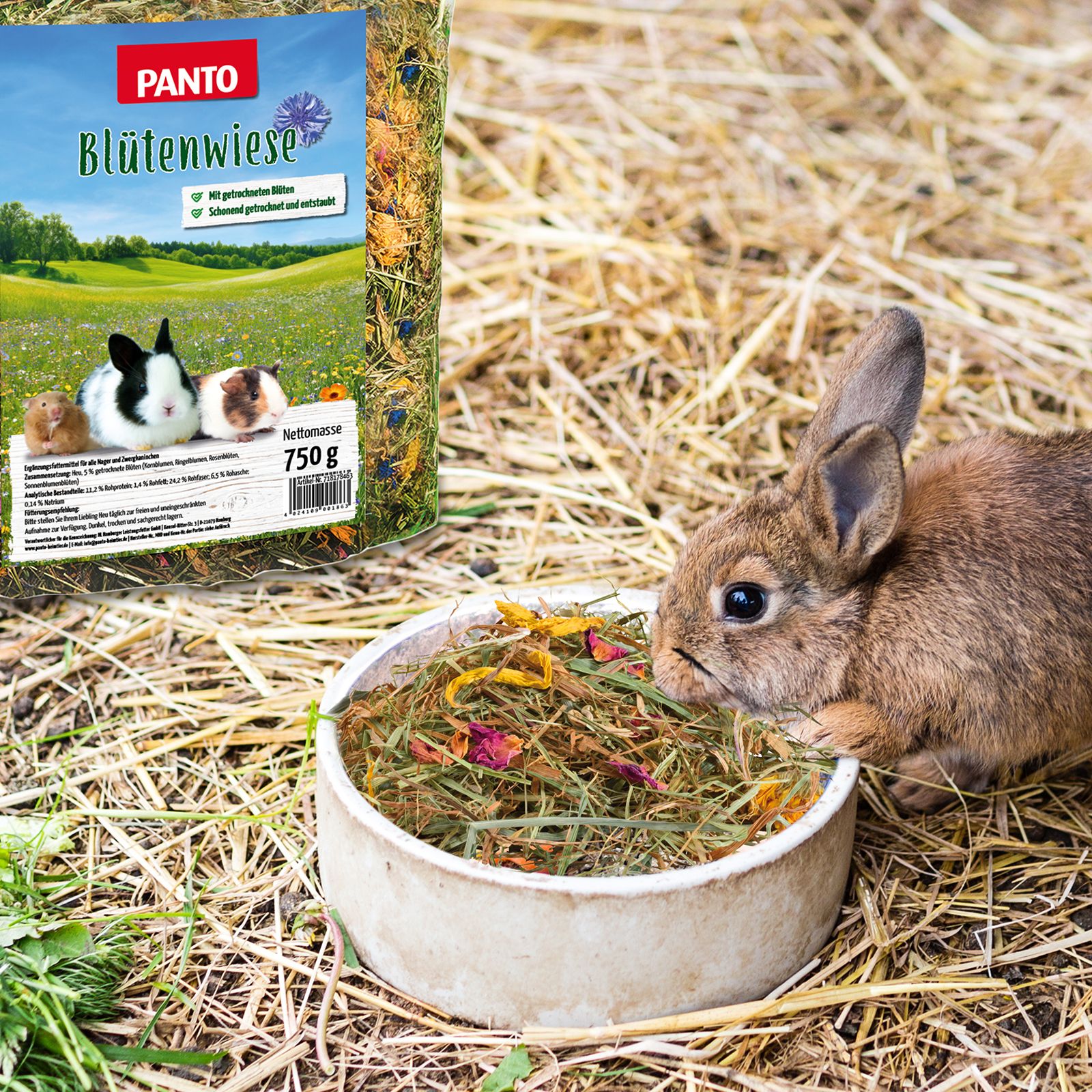 PANTO Blütenwiese in transparenter Verpackung. Produktname, Illustration und Gewichtsangabe. Kaninchen frisst aus Schale mit Futter.
