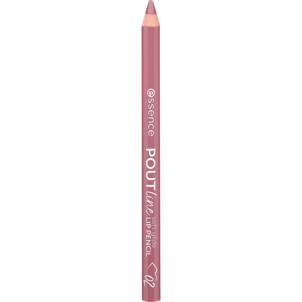 Lippenstift-Konturenstift. Rosa Stift mit transparenter Kappe. Aufschrift: Essence, Poutline, Soft Glide, Lip Pencil. Farbnummer 02.