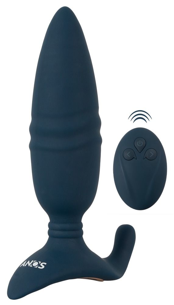 Blauer Anos RC Thrusting Butt Plug mit Fernbedienung. Der Plug hat eine längliche Form mit Rillen und einen gebogenen Griff.