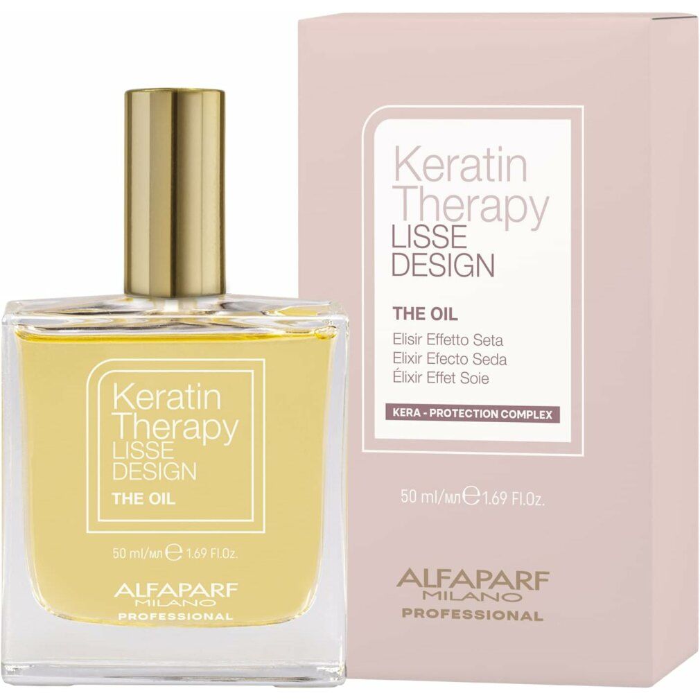 Glasflasche mit goldfarbenem Verschluss und rosa Verpackung. Aufschrift: Keratin Therapy Lisse Design The Oil. Marke Alfaparf Milano.