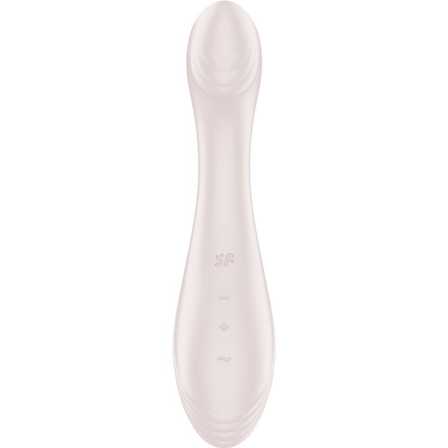 Ein heller, geschwungener Vibrator mit geriffelten Details und einem glatten, sich verjüngenden Körper.