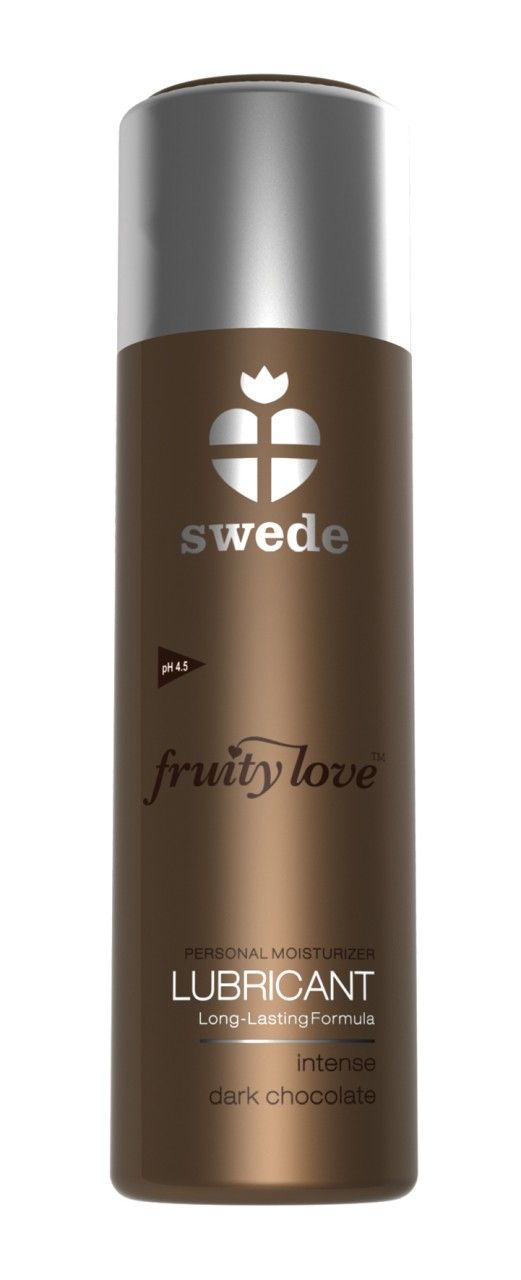 Eine braune Flasche mit silbernem Deckel. Text: swede, fruity love, Lubricant. Aufschrift: dark chocolate.