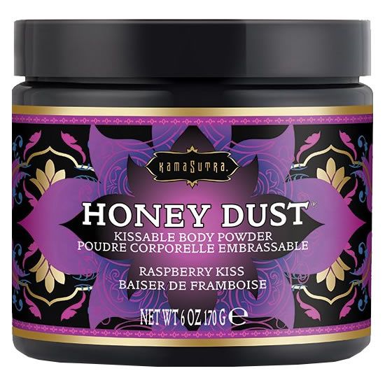 Dose mit Honigstaub. Aufschrift: HONEY DUST, KISSABLE BODY POWDER, RASPBERRY KISS. Marke: Kamasutra.
