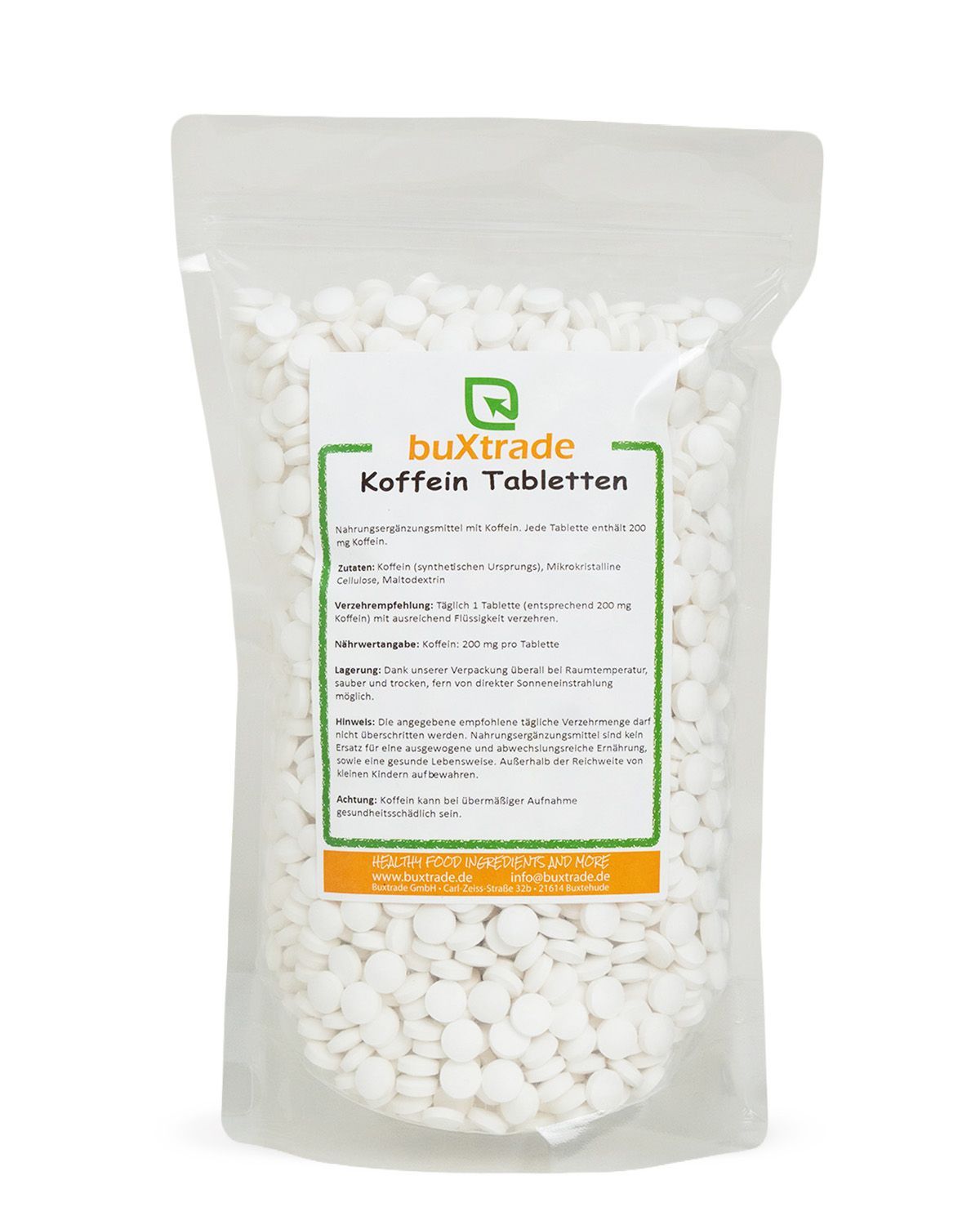 Verpackung mit buxtrade Koffein Tabletten, jede Tablette enthält 200 mg Koffein.