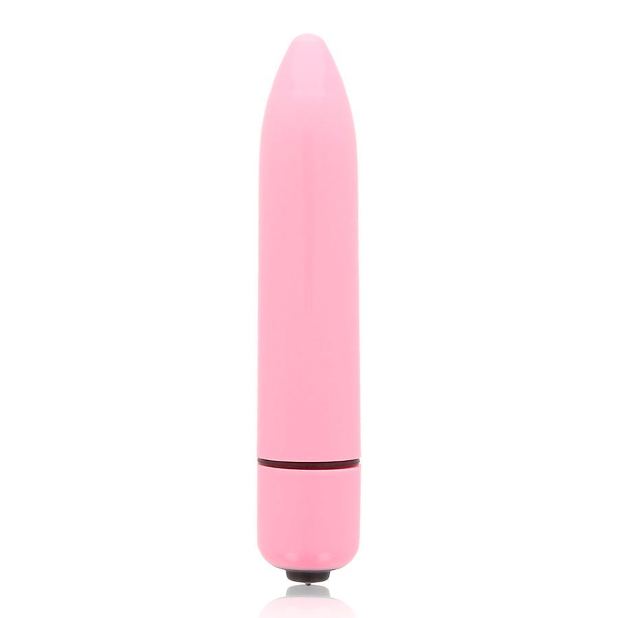 Rosa Minivibrator. Zylindrische Form mit abgerundeter Spitze. Schwarzer Knopf am unteren Ende. Glatte Oberfläche.