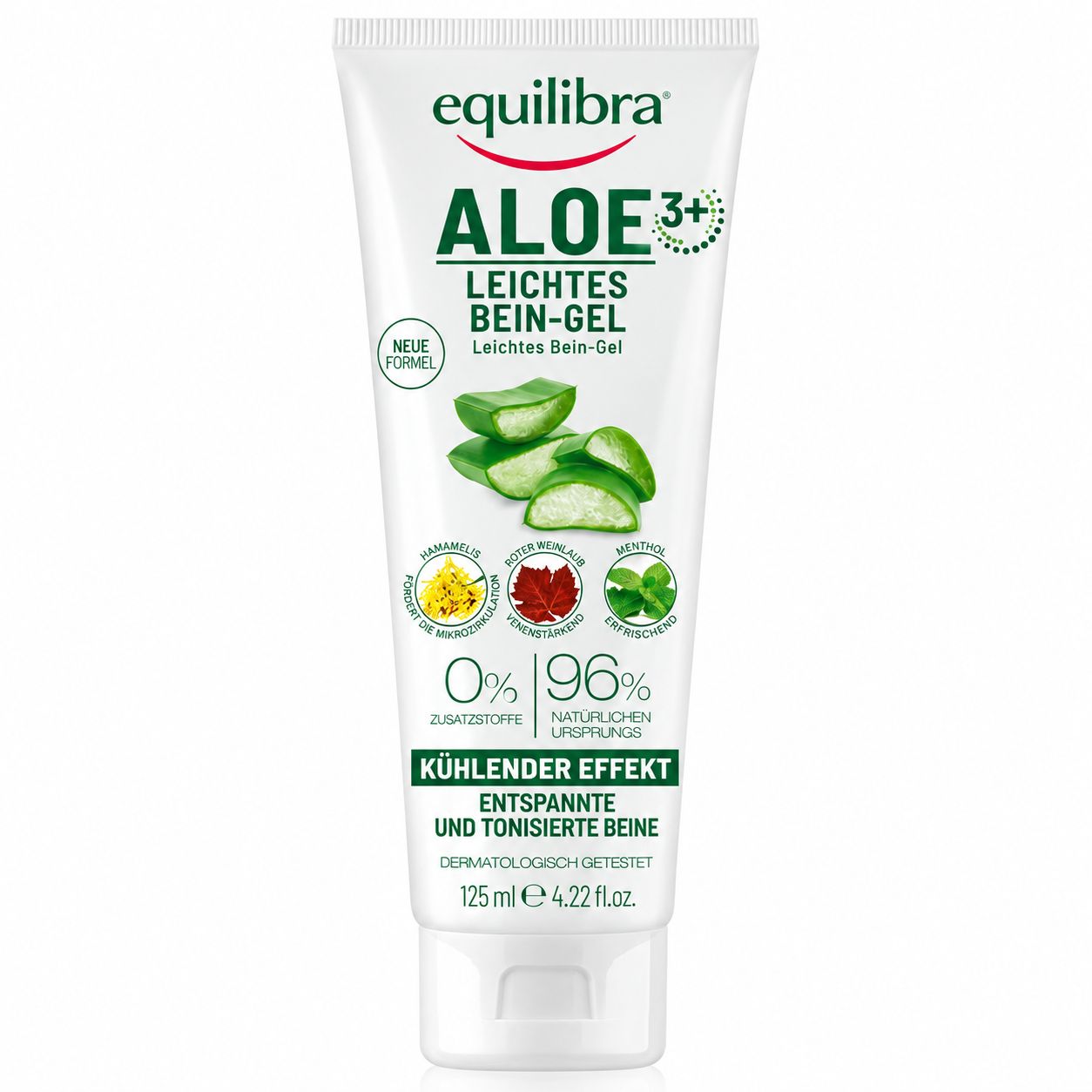 Eine Equilibra Aloe 3+ leichte Bein-Gel Tube mit Aloe-Vera-Scheiben.