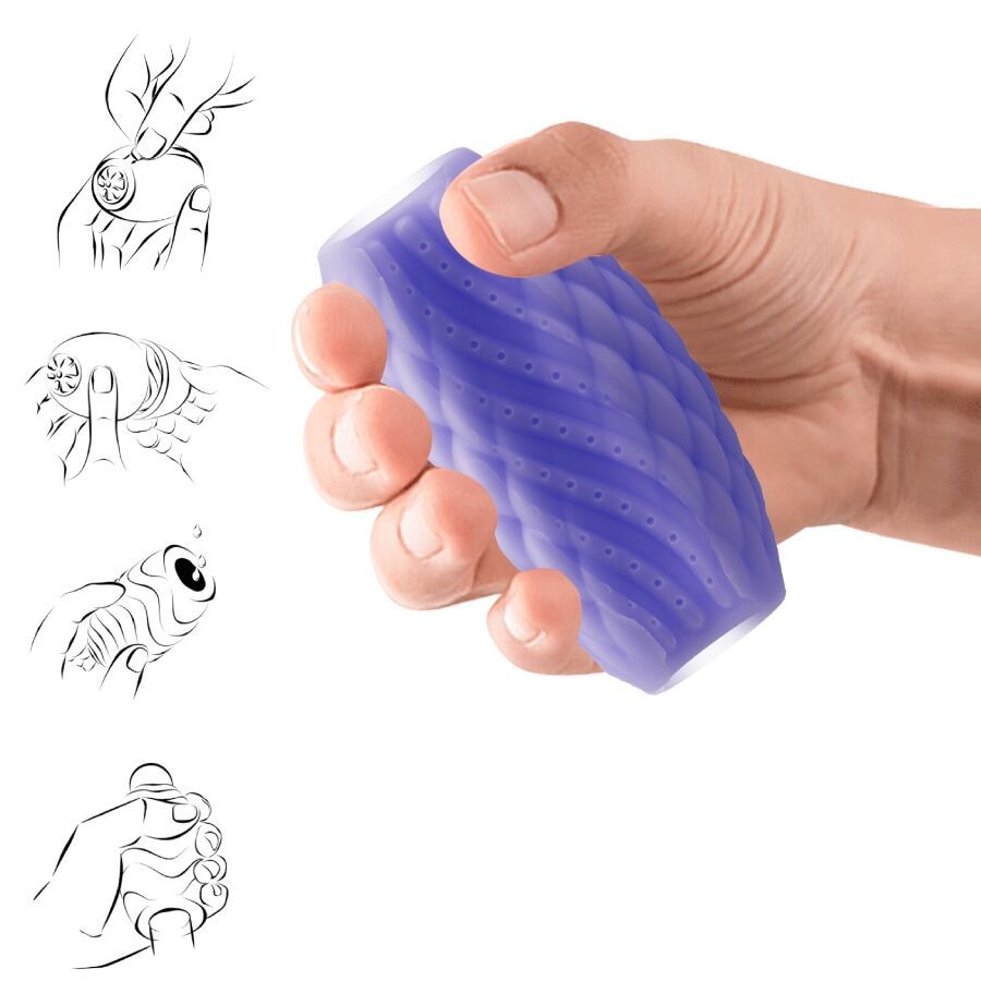 Produkt in Hand gehalten. Lila, geriffelt. Skizzen von Händen und Objekten daneben.