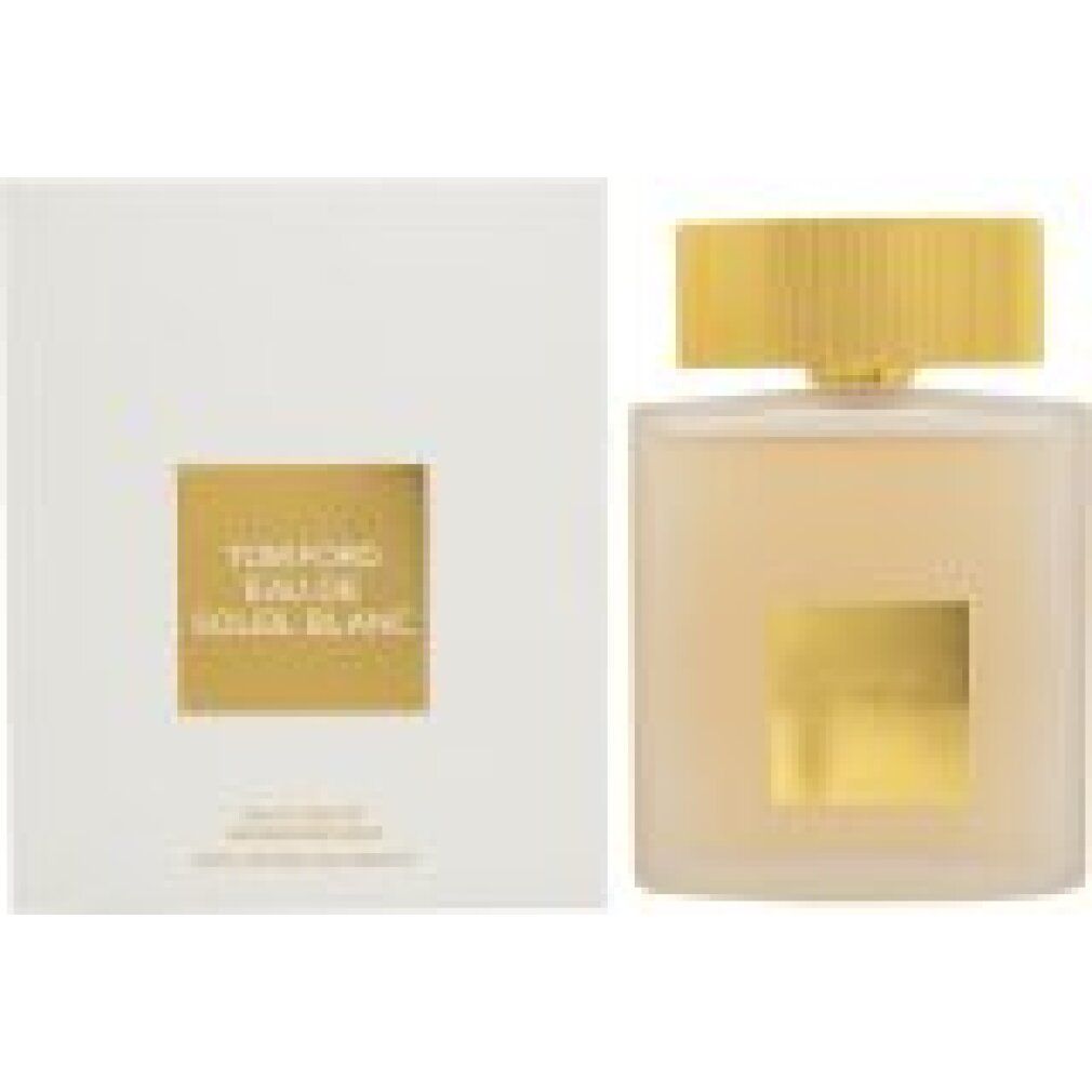 Weiße rechteckige Schachtel und Flakon. Goldfarbener Verschluss. Auf der Schachtel und dem Flakon steht "Tom Ford Eau de Soleil Blanc".