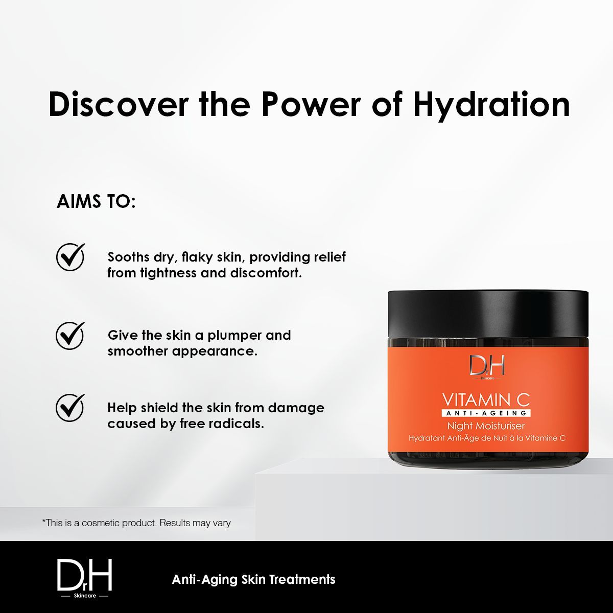 Creme-Tiegel mit Text: Vitamin C Anti-Aging Night Moisturiser. Text: Soothes dry, flaky skin, Give the skin a plumper and smoother appearance.