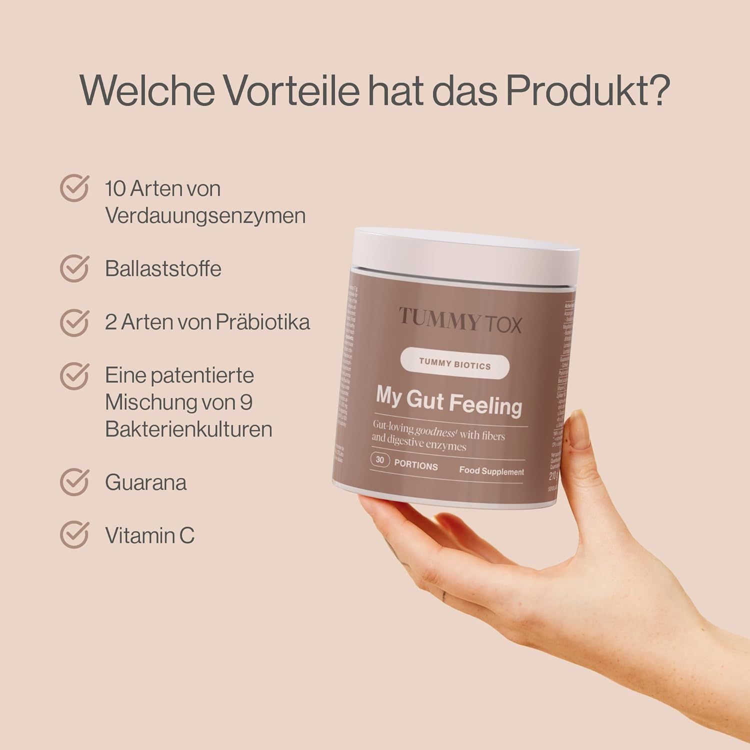 Hand hält Dose. Aufschrift: Tummy Tox, My Gut Feeling, 30 Portionen. Aufzählung: 10 Verdauungsenzyme, Ballaststoffe, 2 Präbiotika.
