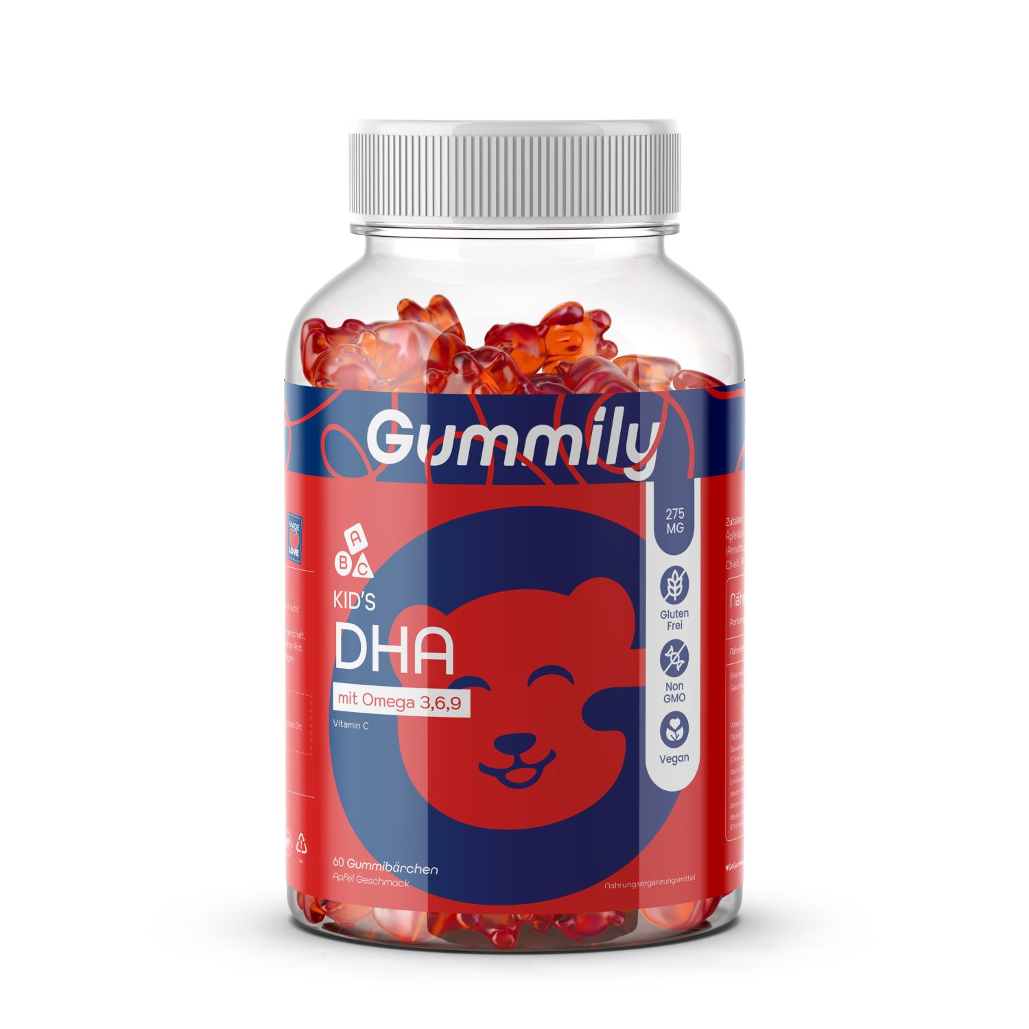 Gummily Kinder DHA Gummibärchen in einer transparenten Flasche. Roter Deckel, rotes Etikett mit blauem Kreis und Bär-Design.