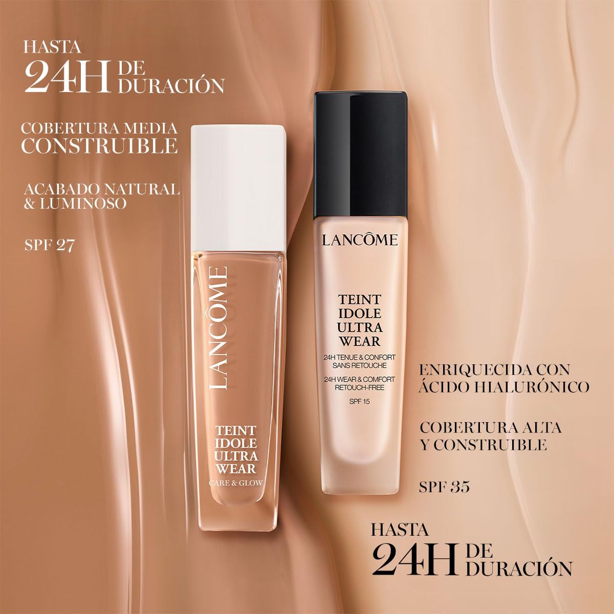 Zwei Make-up-Flakons. Aufschrift: Lancôme, Teint Idole Ultra Wear. Text über Deckkraft und SPF.
