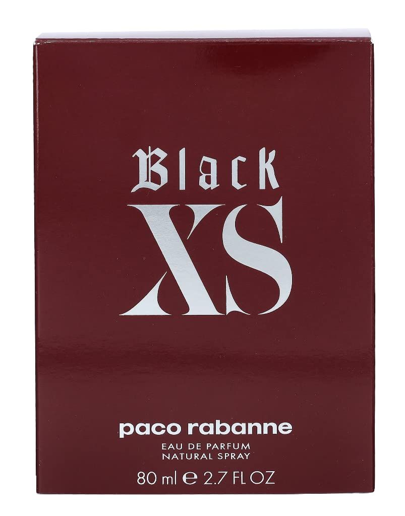 Rote Verpackung mit silberner Aufschrift Black XS und Paco Rabanne. Eckige Form.