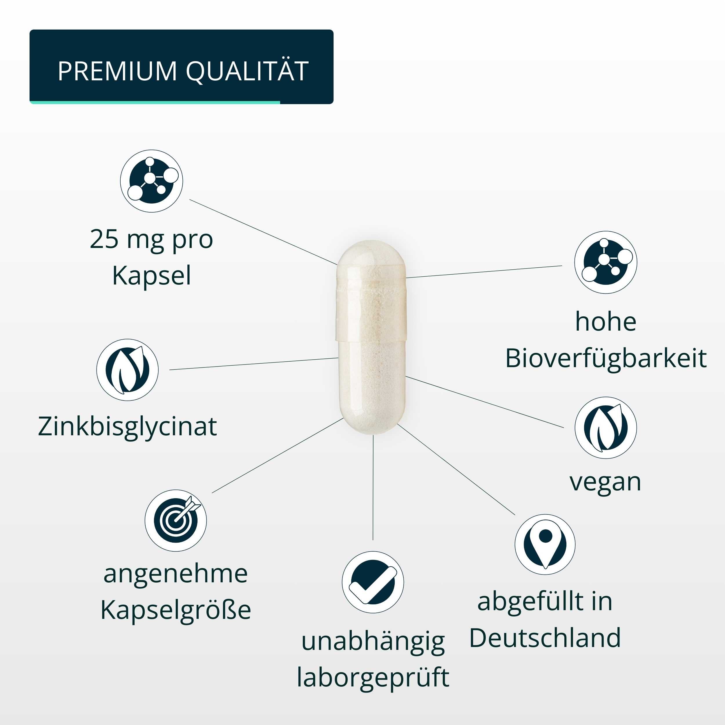 Einzelne Kapsel brandl® Zink Bisglycinat. Text: 25 mg pro Kapsel, Zinkbisglycinat, vegan, laborgeprüft. Weiße Kapsel.