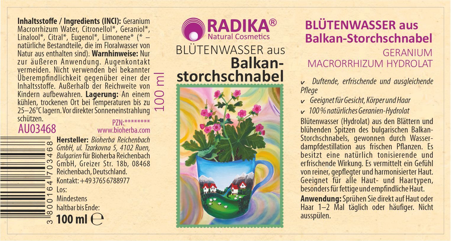 Etikett mit Produktinformationen. Text: Blütenwasser aus Balkan-Storchschnabel. Illustration: Topf mit Blume. Marke: Radika.