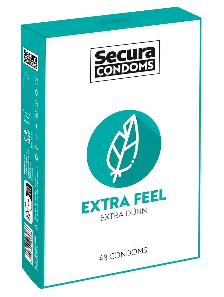 Verpackung mit Secura Condoms, Extra Feel, Extra Dünn. 48 Kondome. Grünes Logo mit Blatt. Seitliche Produktinformationen.